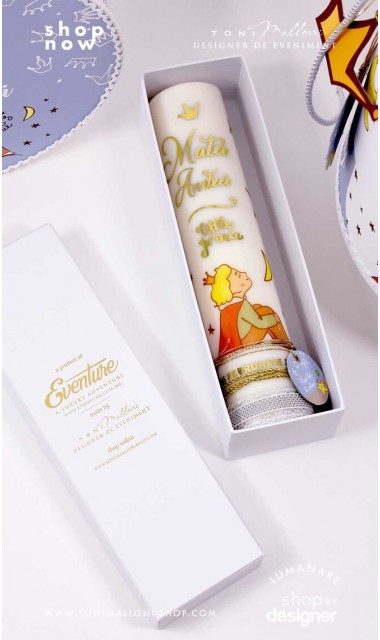 Lumanare stalp scurta pentru botez cu Micul Print folio gold 3